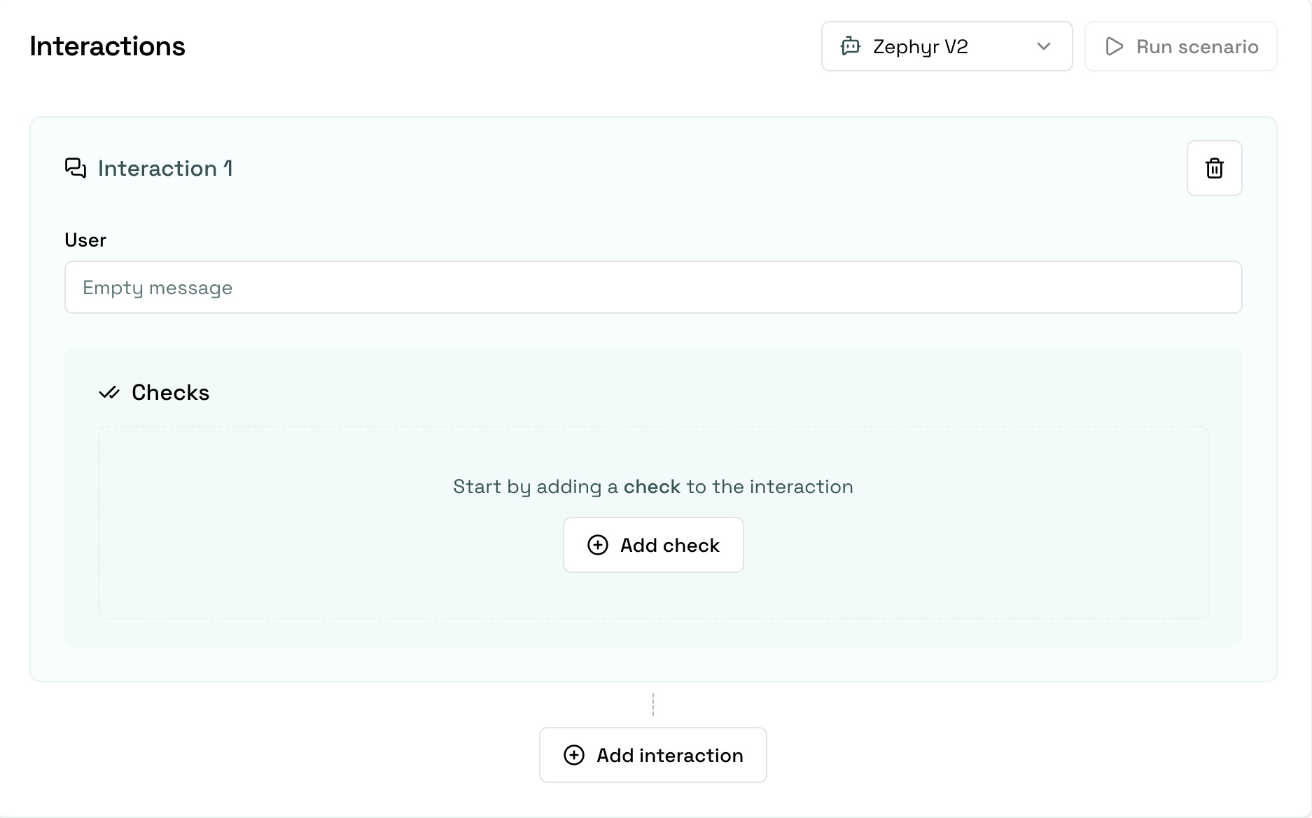 Chat scenario with an empty User message field and an empty Checks section