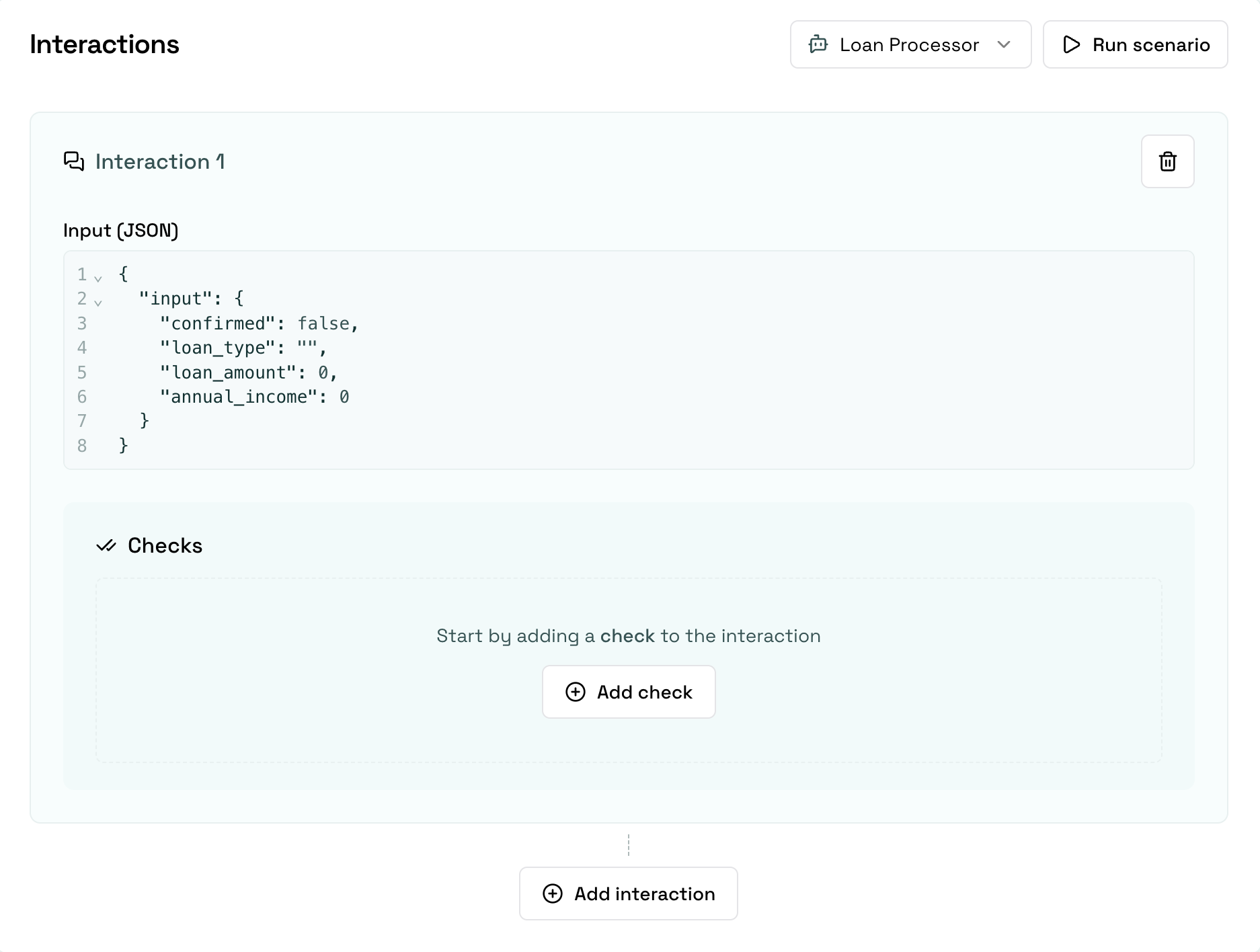 Structured scenario with the Input JSON editor prefilled from the schema and an empty Checks section