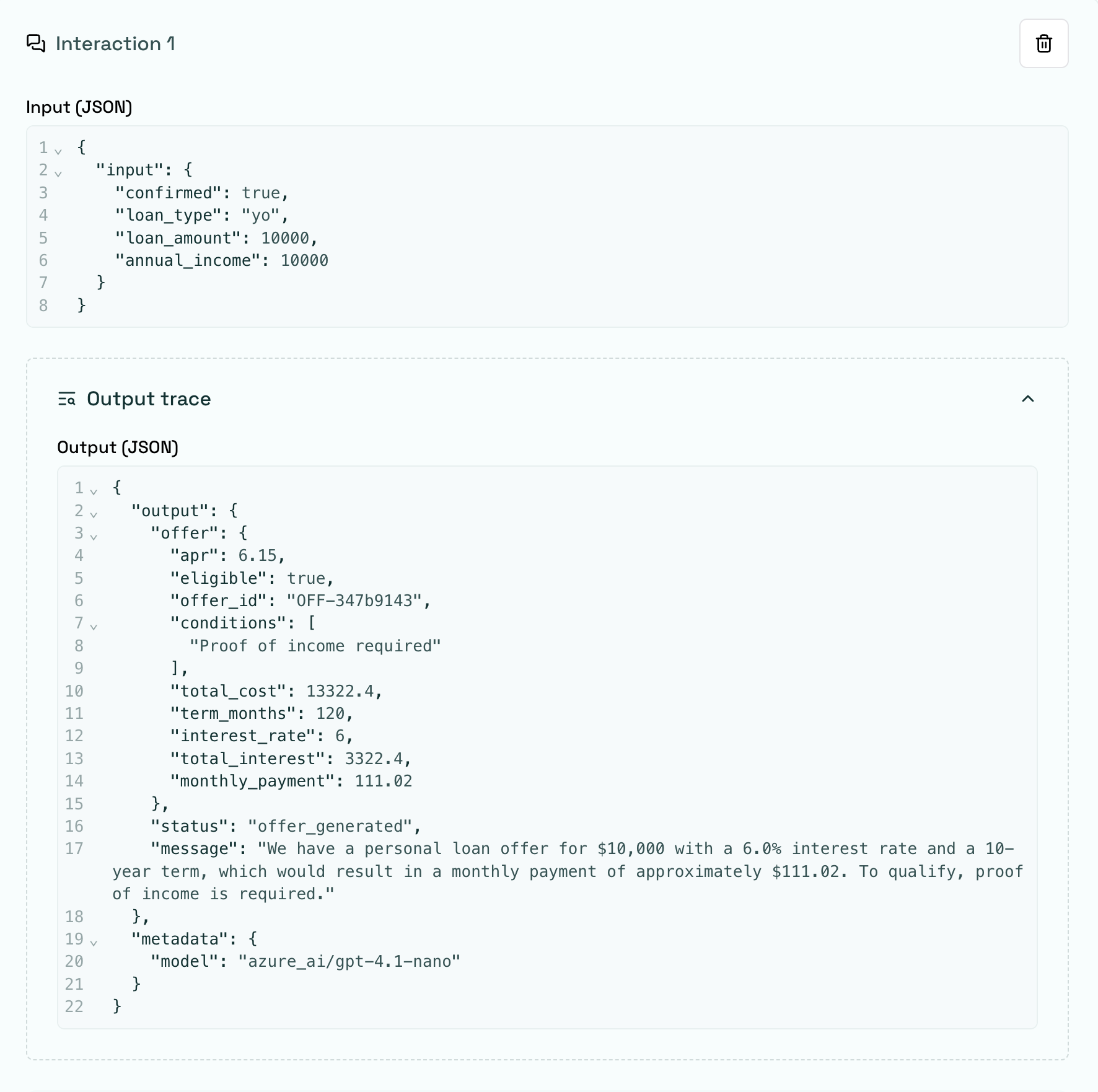 Structured scenario after running, showing the Output JSON in the Output trace section