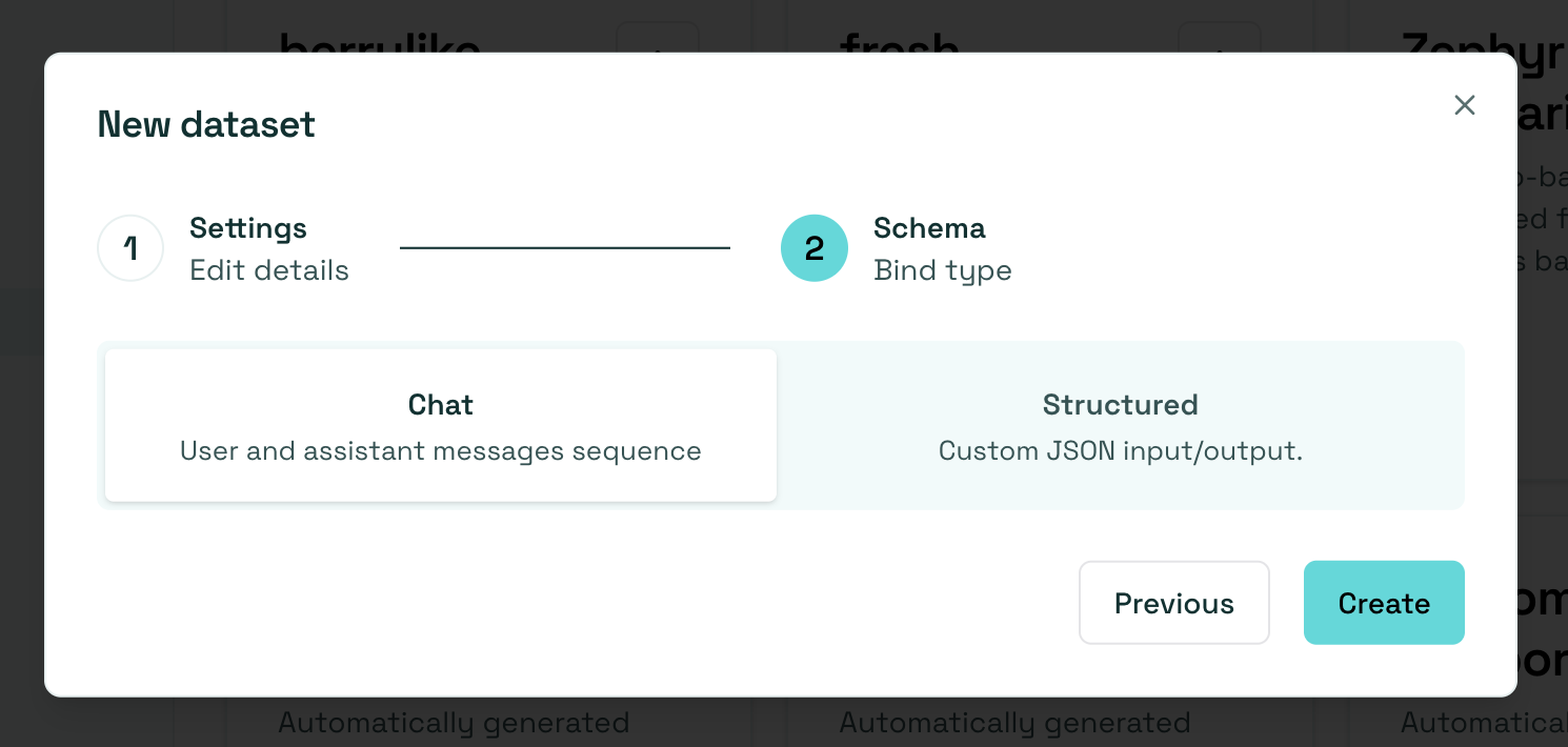 New dataset dialog, step 2: choosing between Chat and Structured