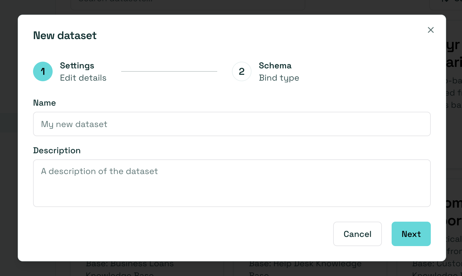 New dataset dialog, step 1: name and description
