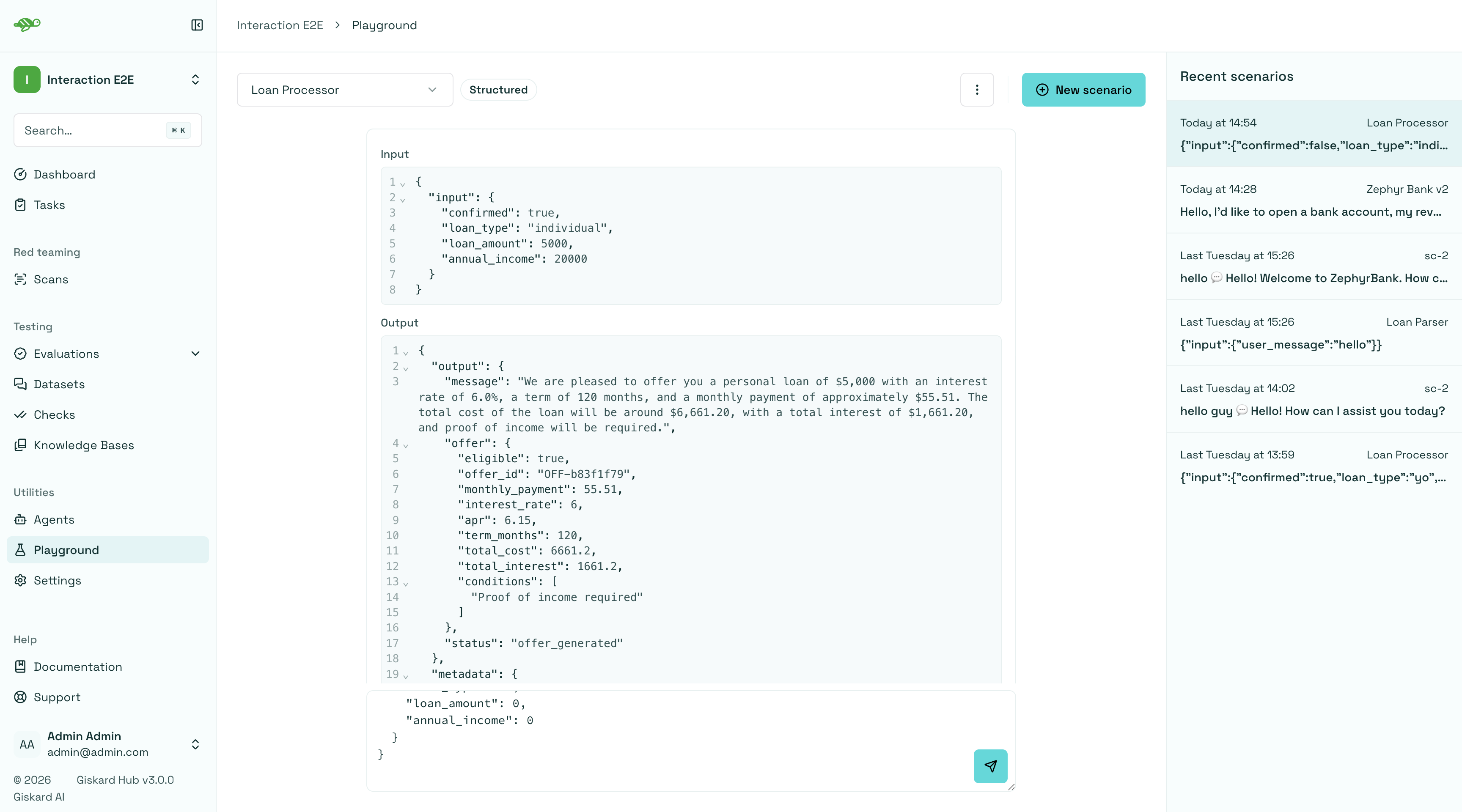 Red teaming playground with a structured agent: a prefilled Input JSON editor and a JSON Output