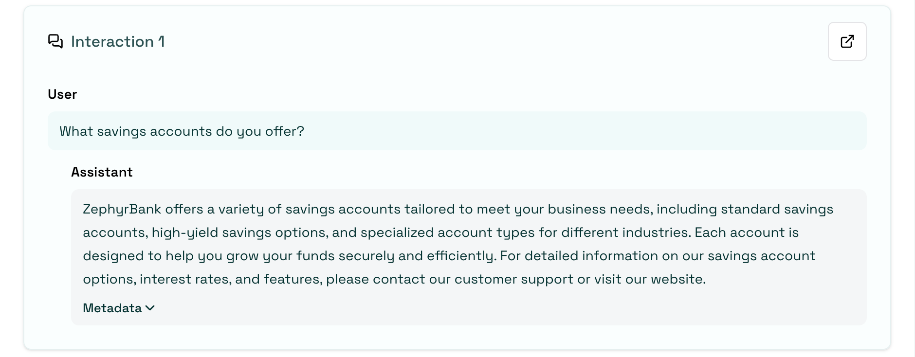 Chat agent scenario result showing user/assistant message bubbles across interactions