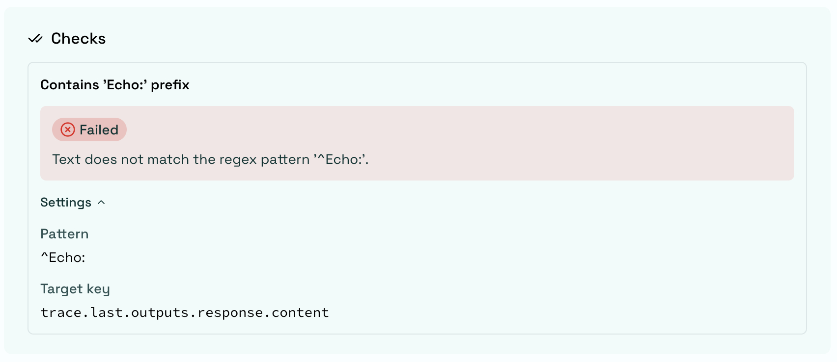 Failed Regex Matching check with the Settings section expanded, showing the pattern and target key used