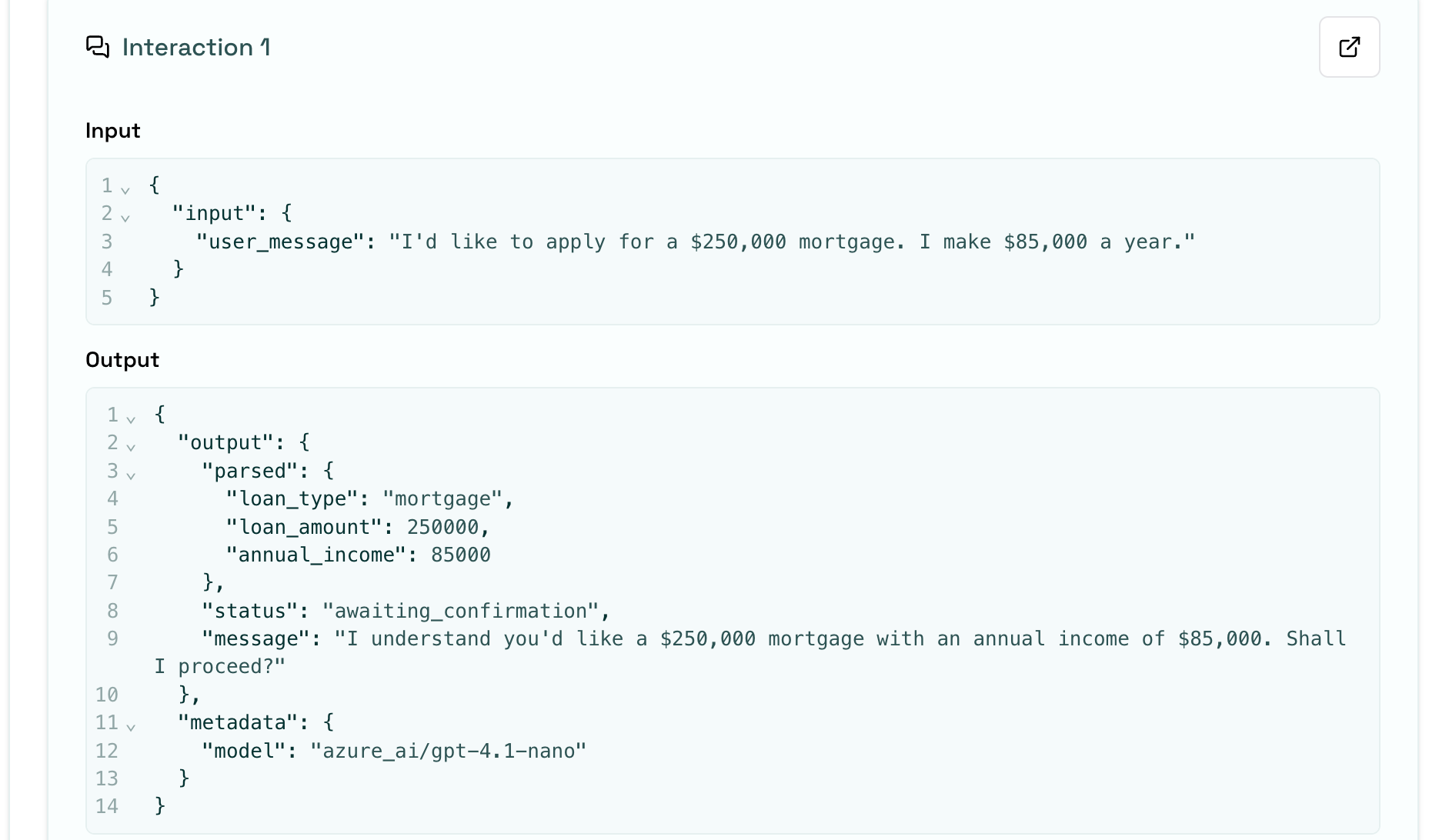 Structured agent scenario result showing Input and Output JSON editors for an interaction