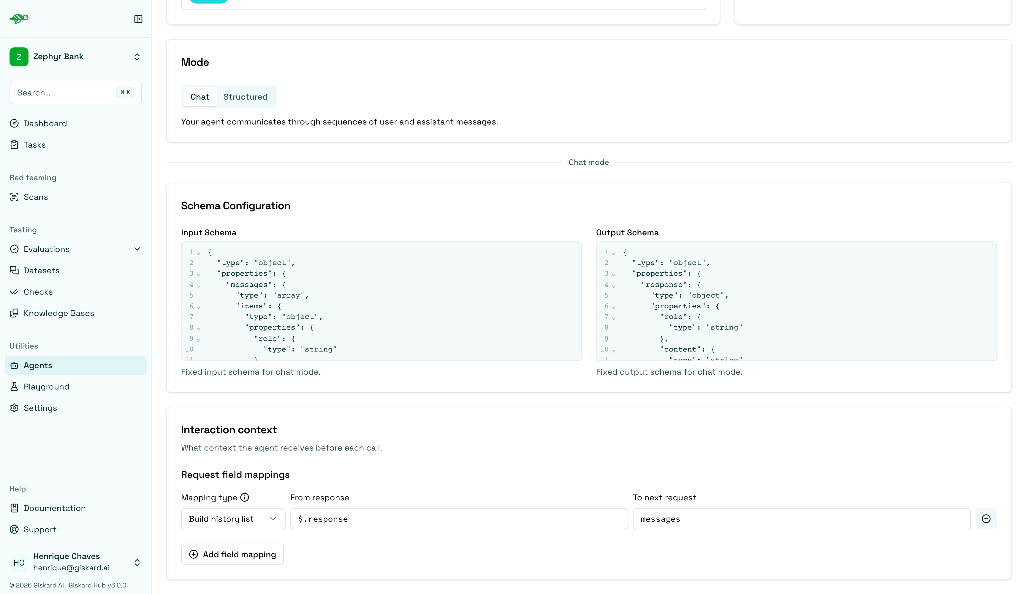 Chat schemas and a Build history list mapping from $.response to messages