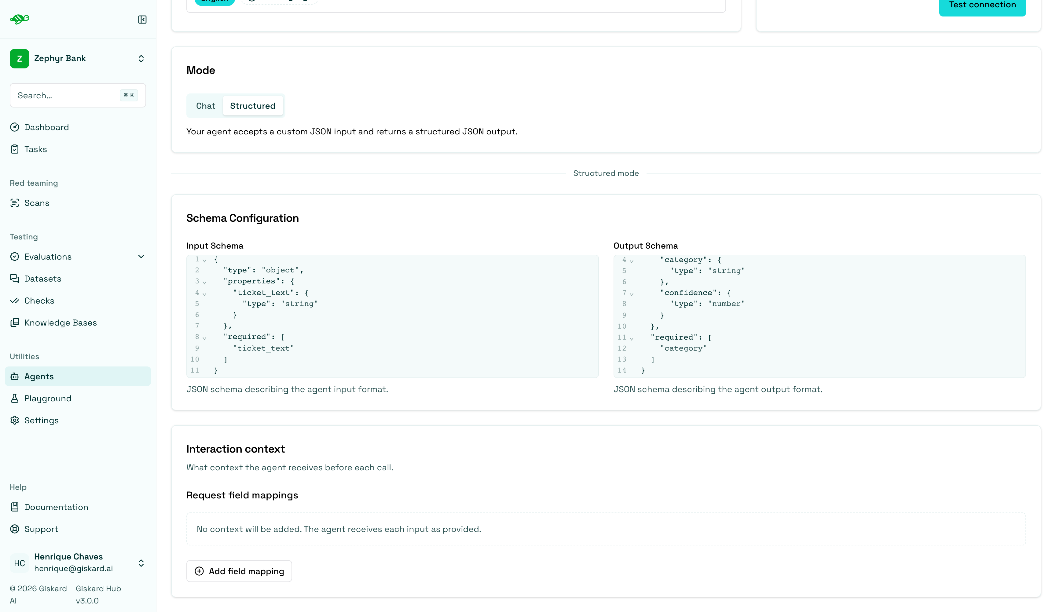 Input Schema and Output Schema editors for a ticket classifier